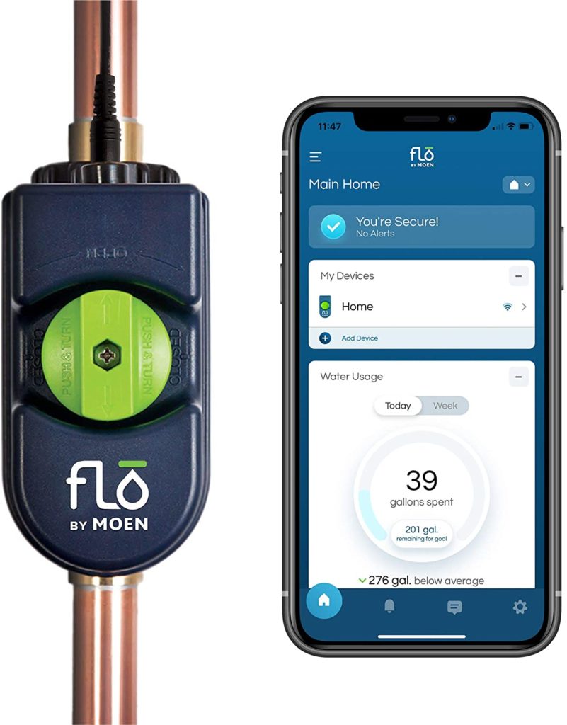 Smart valve Flo connected to smartphone via app.
