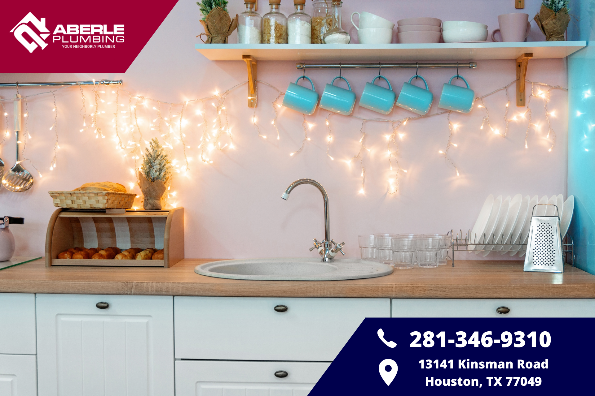 A kitchen decorated with holiday lights in a Houston, TX, home.
