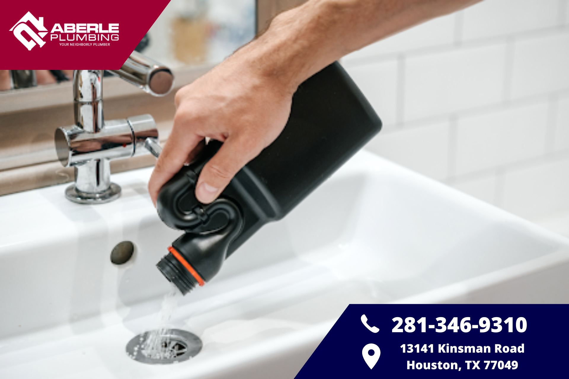 A homeowner using a drain cleaner in a clogged bathroom sink.