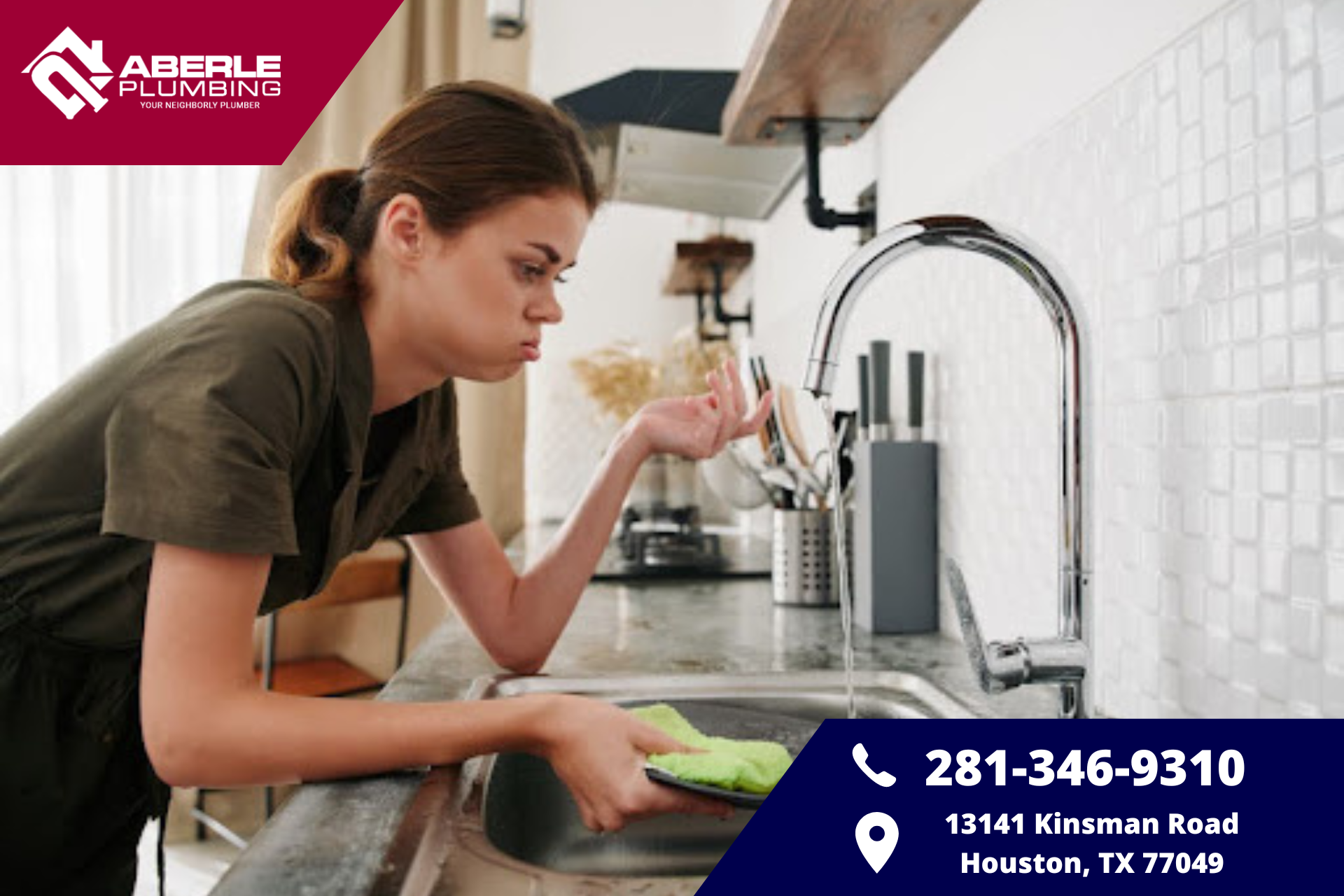 A woman looking at a faucet with low water pressure as she cleans a plate.