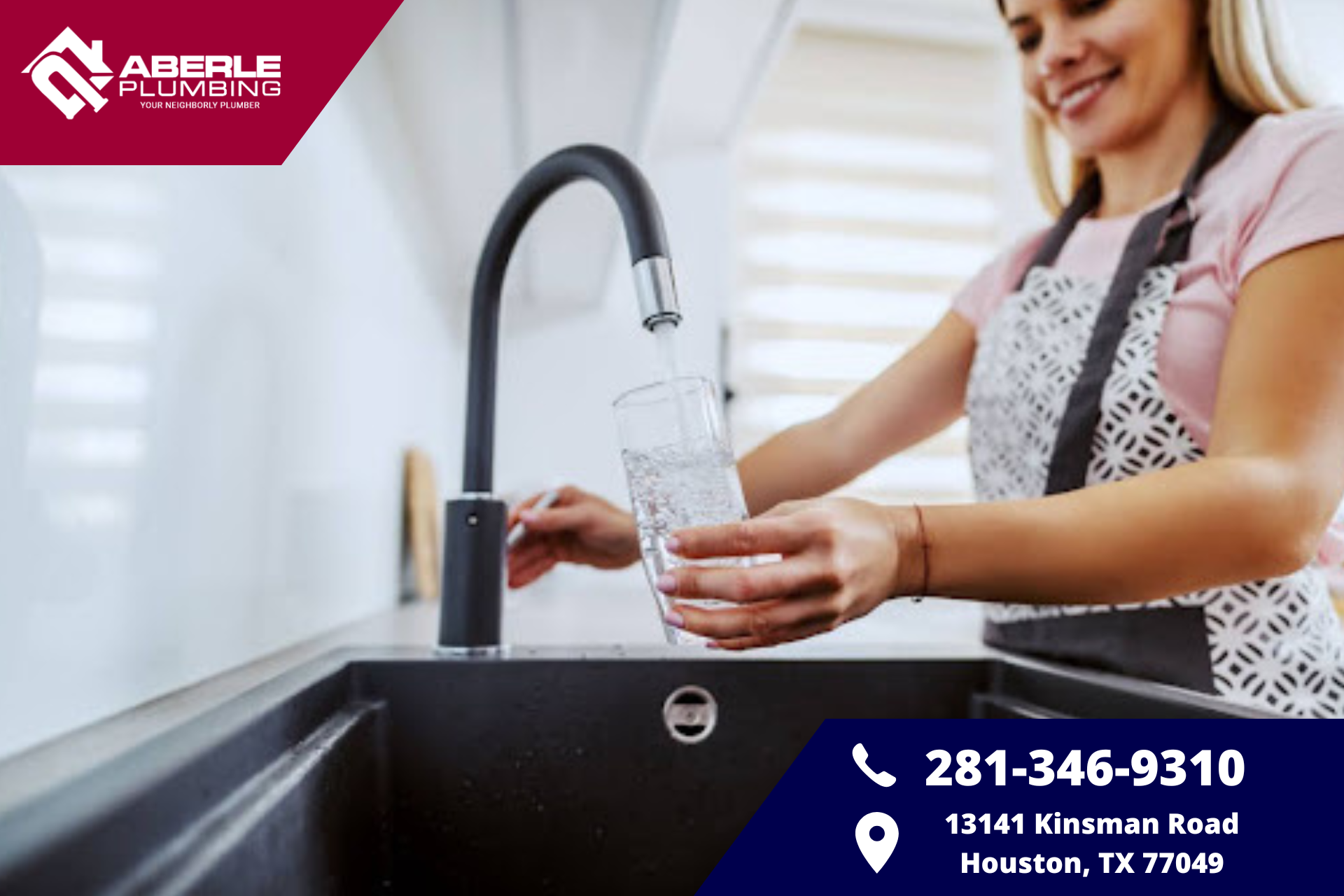 A woman filling a water glass at a kitchen sink.